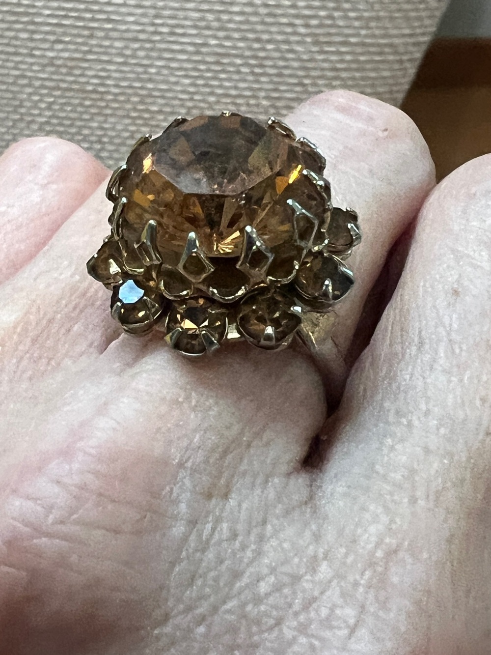Vintage Gold-Tone Amber Crystal Cocktail Ring - Adjustable - Picture 5 of 10